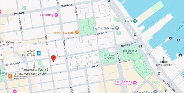 红点处是这栋计划兴建的大楼位置530 Sansome Street。 (谷歌地图)