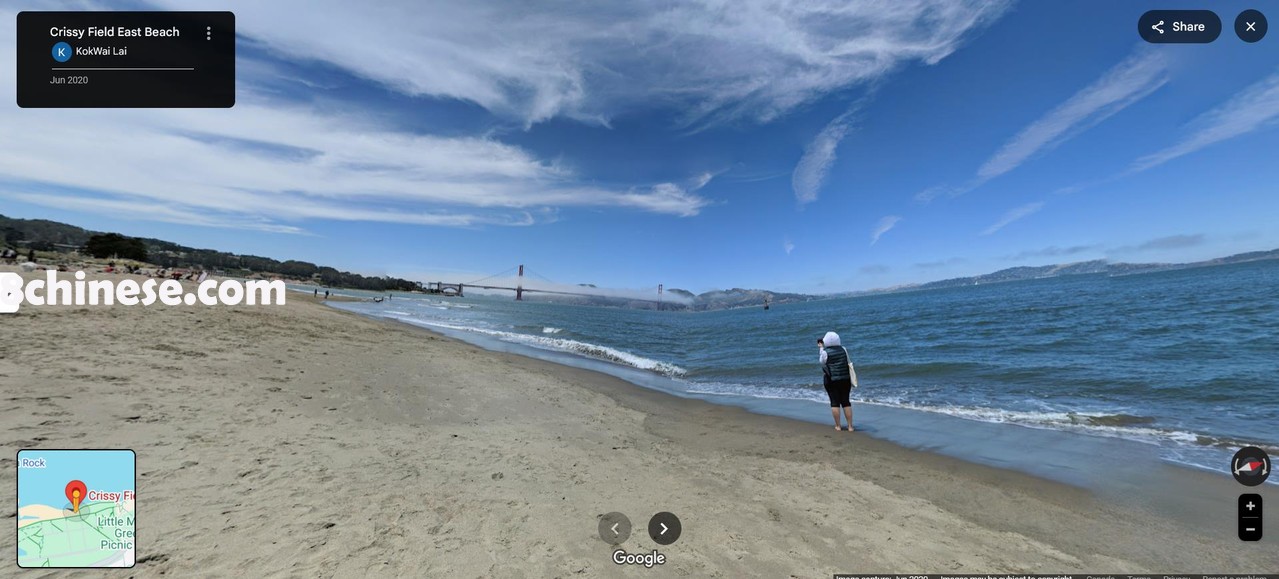旧金山Crissy Field 海滩是湾区两个入选「今日美国」评选的加州最佳海滩之一。（取自Google Maps）